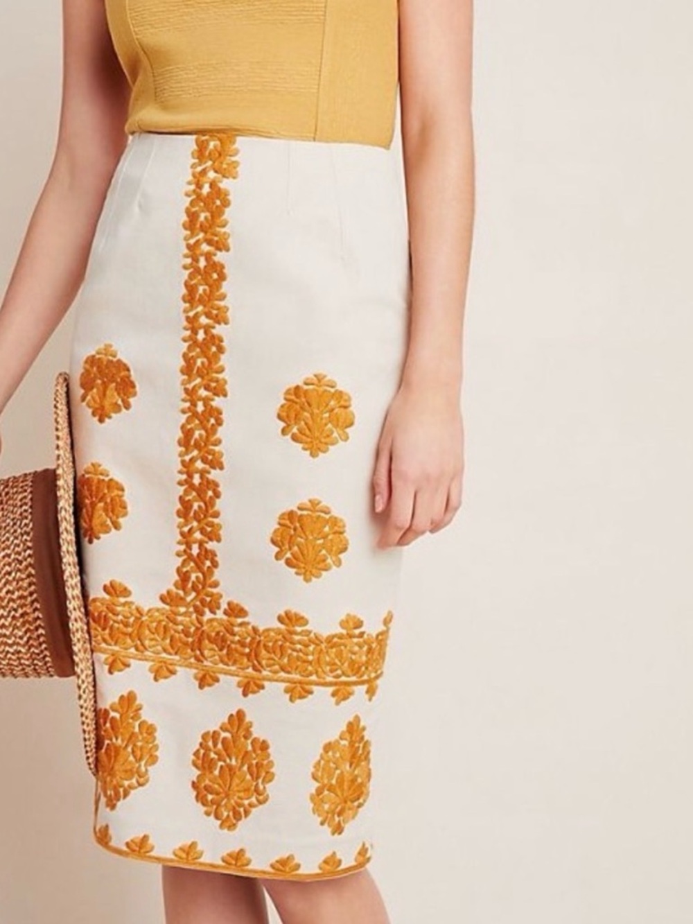 Anthropologie Embroidered Mustard Orange and Beige Verona Pencil Skirt
